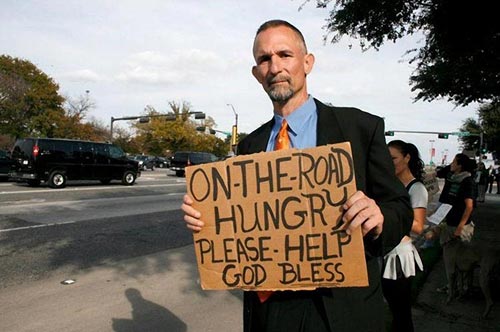 Street Beggar Sign Holder Business Suit - On The Road Hungry Need Help